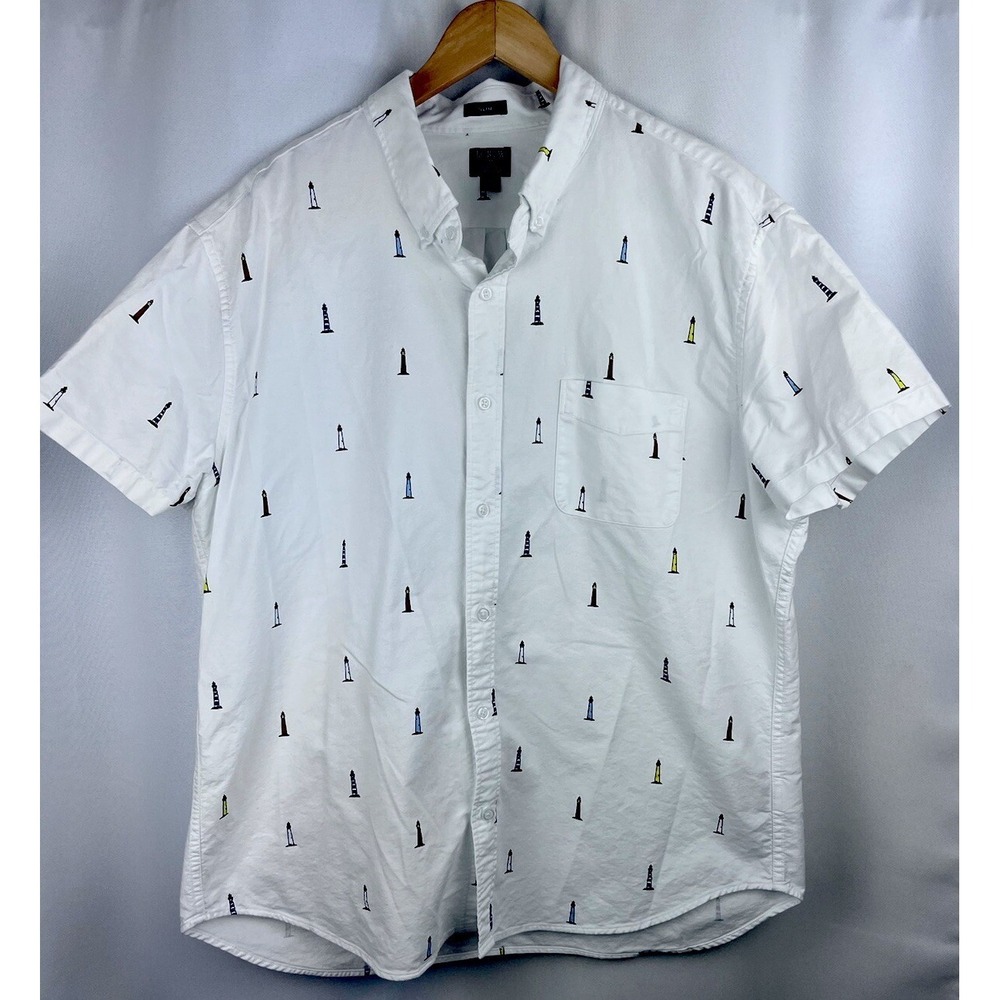 J. Crew Men's Slim Flex Oxford XL White Multicolored Lighthouses Summer Nautical